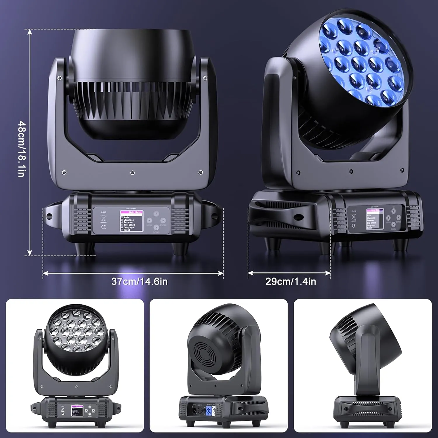 HOLDLAMP Moving Head Lights 19x15W RGBW 4-in-1 LED Stage Light with Zoom Beam Wash Effect by Sound Activated Auto DMX Control for Wedding DJ Disco Parties Nightclub Show Bar (1 Pack)