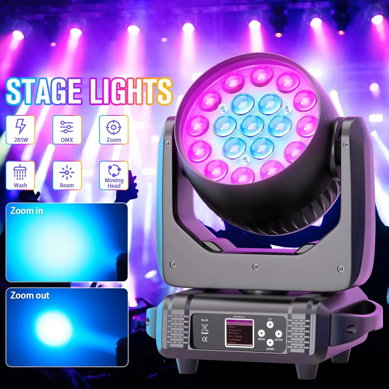HOLDLAMP Moving Head Lights 19x15W RGBW 4-in-1 LED Stage Light with Zoom Beam Wash Effect by Sound Activated Auto DMX Control for Wedding DJ Disco Parties Nightclub Show Bar (1 Pack)