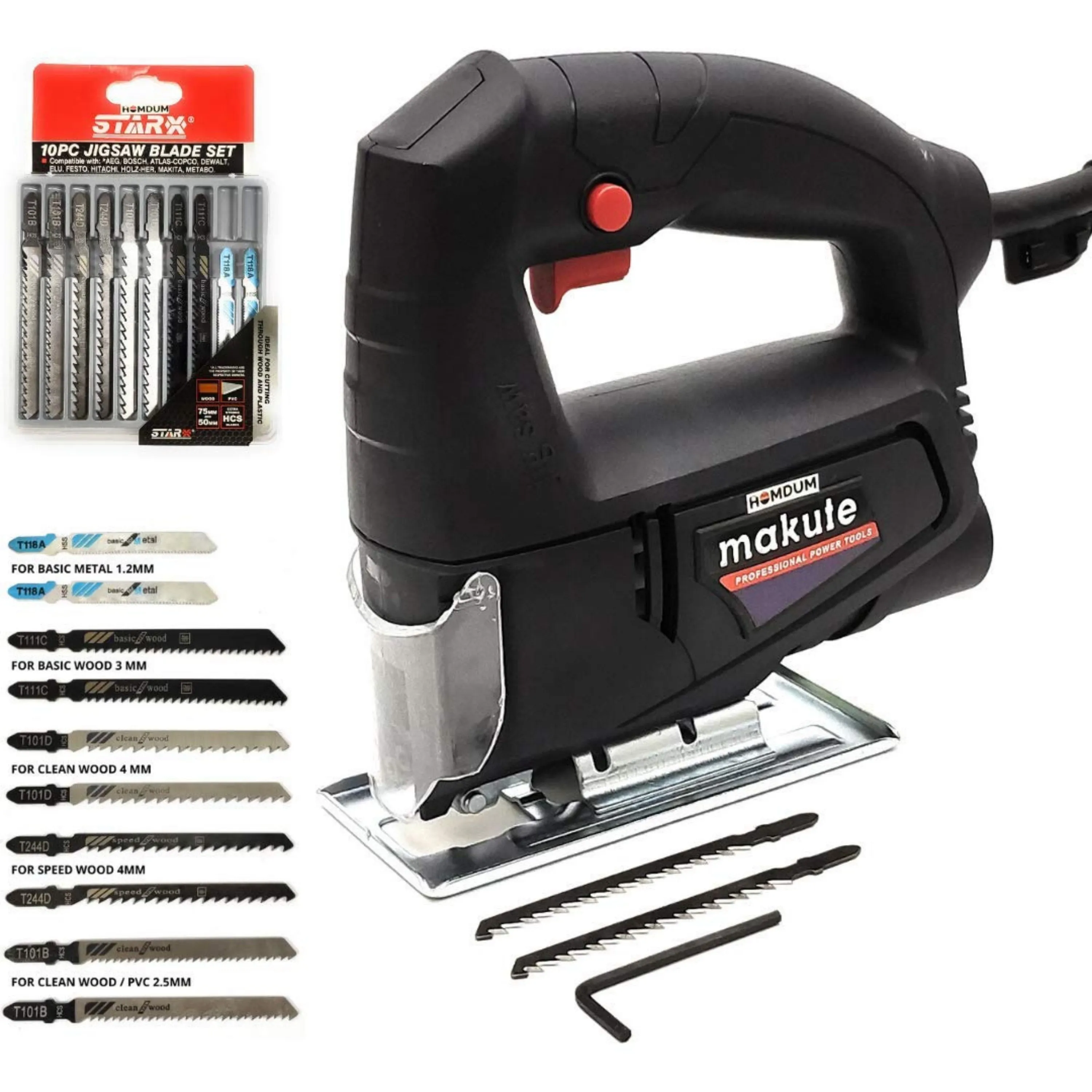 Homdum 450W Jigsaw Machine 55mm And 10   2 Pc Heavy Duty Jigsaw Blades Set Combo, with lock switch, 70 mm cutting blade (easy installation) cutter for wood metal plastic.