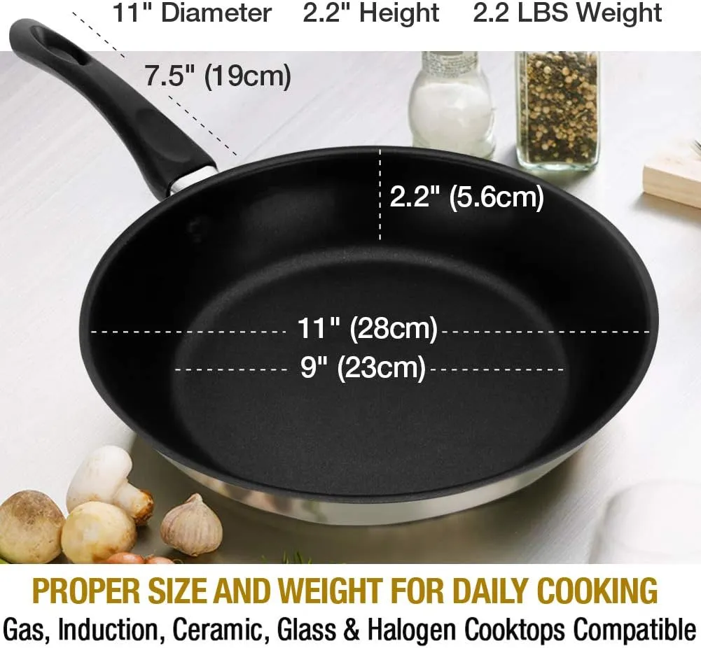 HOMICHEF 11 Inch Nonstick Frying Pan - Stainless Steel Omelet Pan with Vented Glass Lid - Induction Compatible