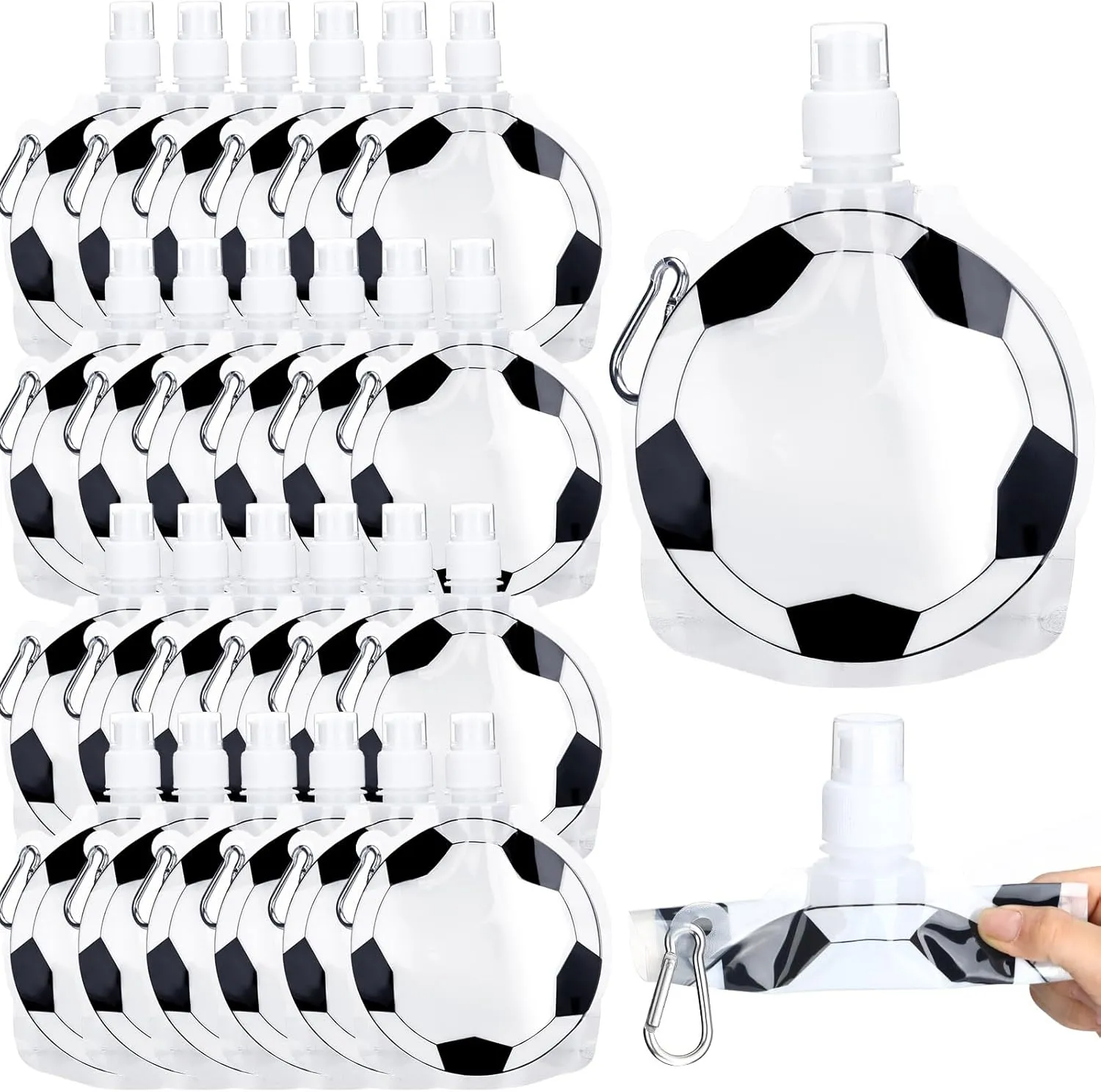 Honeydak 24 Collapsible Soccer Water Bottle Sets Include 500 ml Soccer Foldable Water Bag with Buckle for Players Lovers Team Gifts Reusable Compact Football Drink Pouch for Gym Sports Event Game