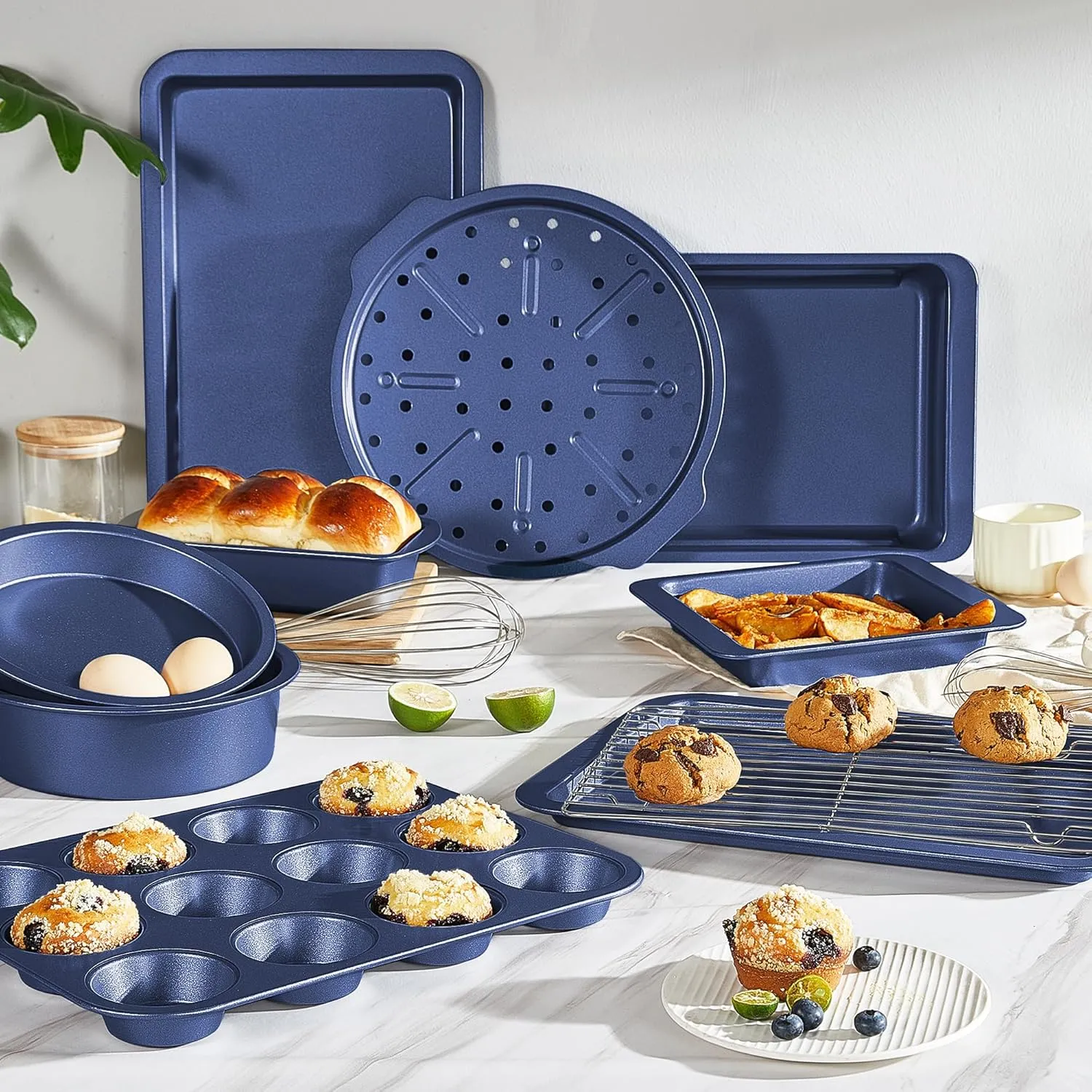 HONGBAKE Bakeware Sets, Baking Pans Set, Nonstick Oven Pan for Kitchen with Wider Grips, 10-Piece Including Rack, Cookie Sheet, Cake Pans, Loaf Pan, Muffin Pan, Pizza Pan - Blue