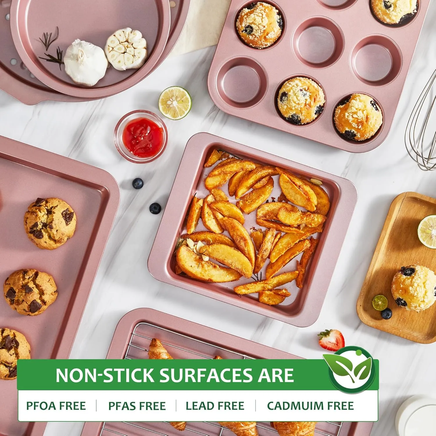 HONGBAKE Bakeware Sets, Baking Pans Set, Nonstick Oven Pan for Kitchen with Wider Grips, 10-Piece Including Rack, Cookie Sheet, Cake Pans, Loaf Pan, Muffin Pan, Pizza Pan - Pink