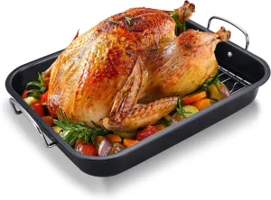 HONGBAKE Small Roasting Pan with Flat Rack for 15 Lb Turkey, 16 X 11.5 Inch Nonstick Chicken Roaster Tray for Oven, Baking Pans for Cooking Lasagna with Stainless Steel Handles