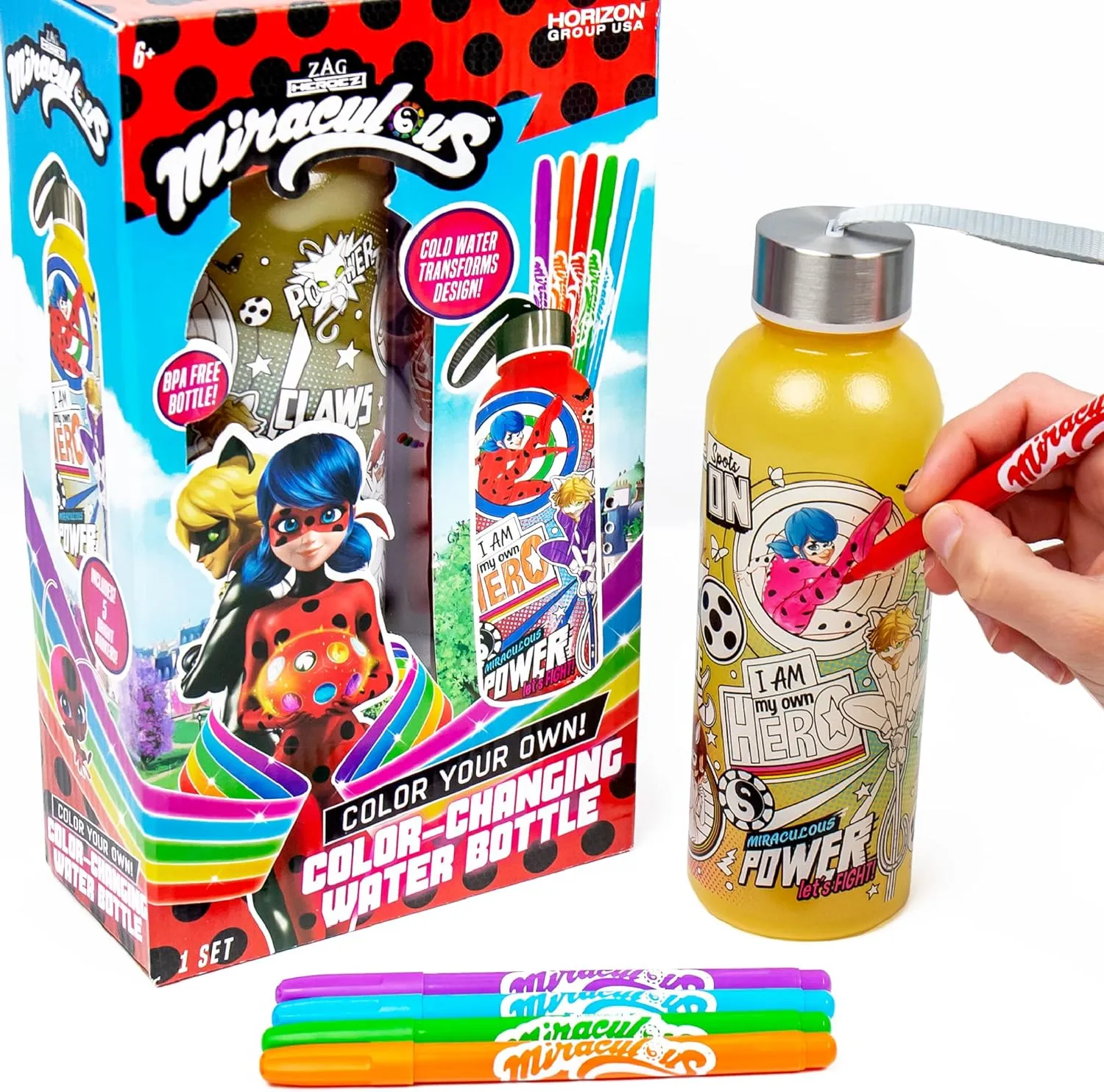 Horizon Group USA Miraculous Create Your Own Color-Changing Water Bottle – Color Your Own Water Bottle – Ages 6 