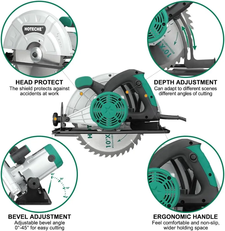 Hoteche 10-Inch Circular Saw 15A Compact Portable Table Saw with Saw Blade for Desktop Use
