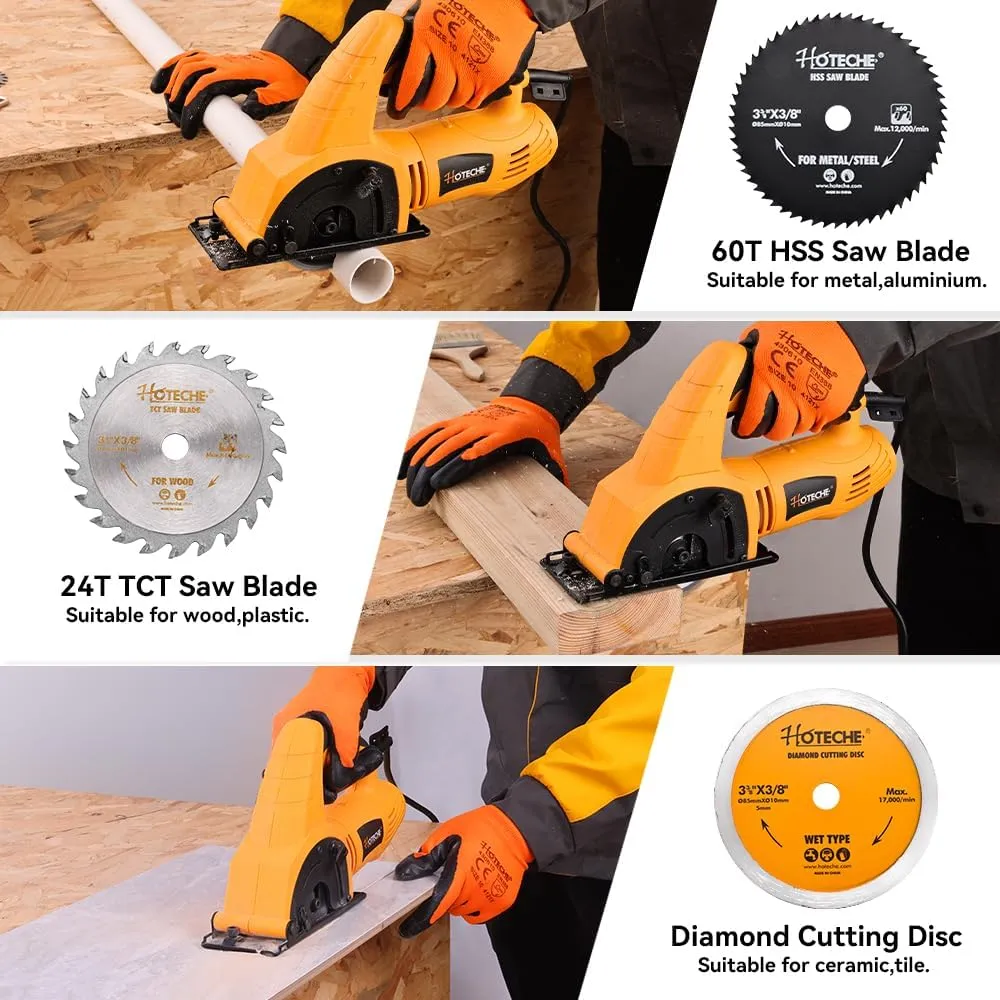 Hoteche 3-3/8-Inch Mini Circular Saw 5A Multifunctional Portable Saw with 3pcs Blades for Metal, Wood and Tile Cutting