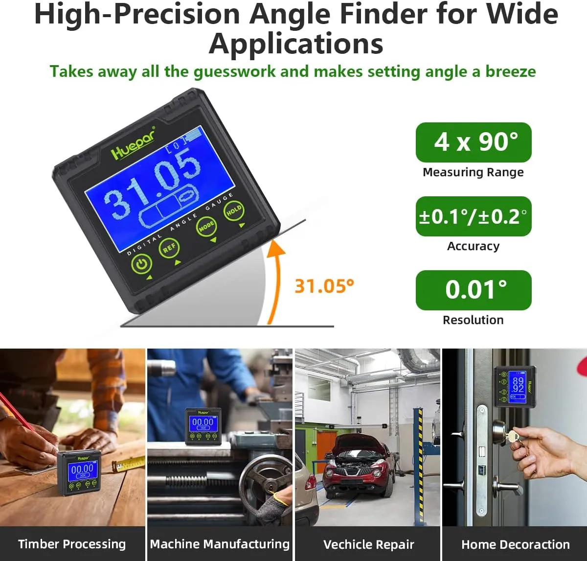 Huepar Digital Angle Gauge Protractor, Electronic Bubble Angle Finder Dual Axis Level Box 0.01° Resolution V-Groove Magnetic Base&LCD Inclinometer Bevel Gauge with Audible Alert -Measures 0~360° AG03