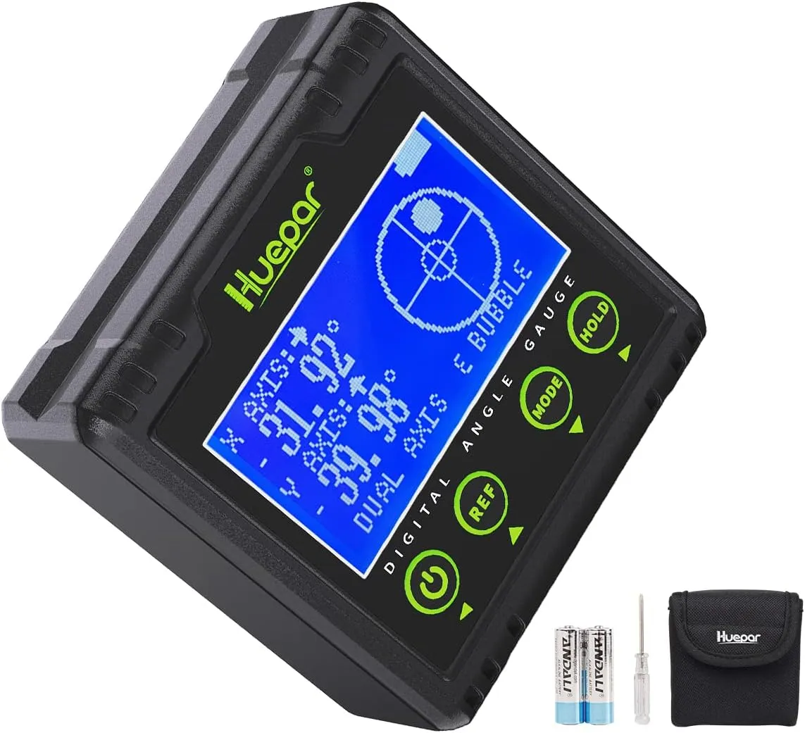 Huepar Digital Angle Gauge Protractor, Electronic Bubble Angle Finder Dual Axis Level Box 0.01° Resolution V-Groove Magnetic Base&LCD Inclinometer Bevel Gauge with Audible Alert -Measures 0~360° AG03