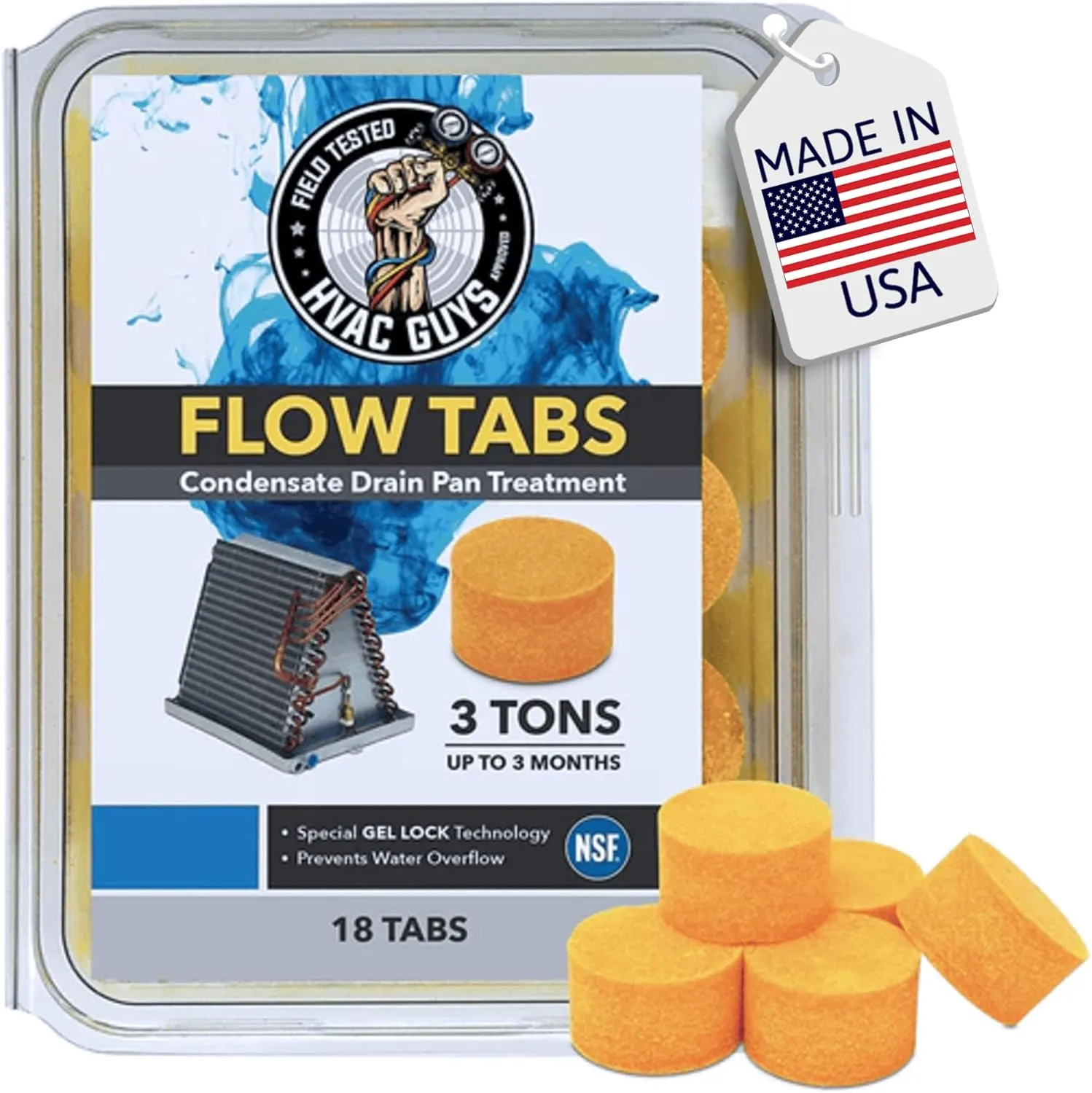HVAC Guys Flow Tabs with Gel Lock Technology - 18 Pack - Keeps Drain Pans Clean, Prevents Overflow, 3 Ton Tab Lasts up to 3 Months - 1 Tab is equal to 18 Regular Tablets (324 total) - Made in the USA
