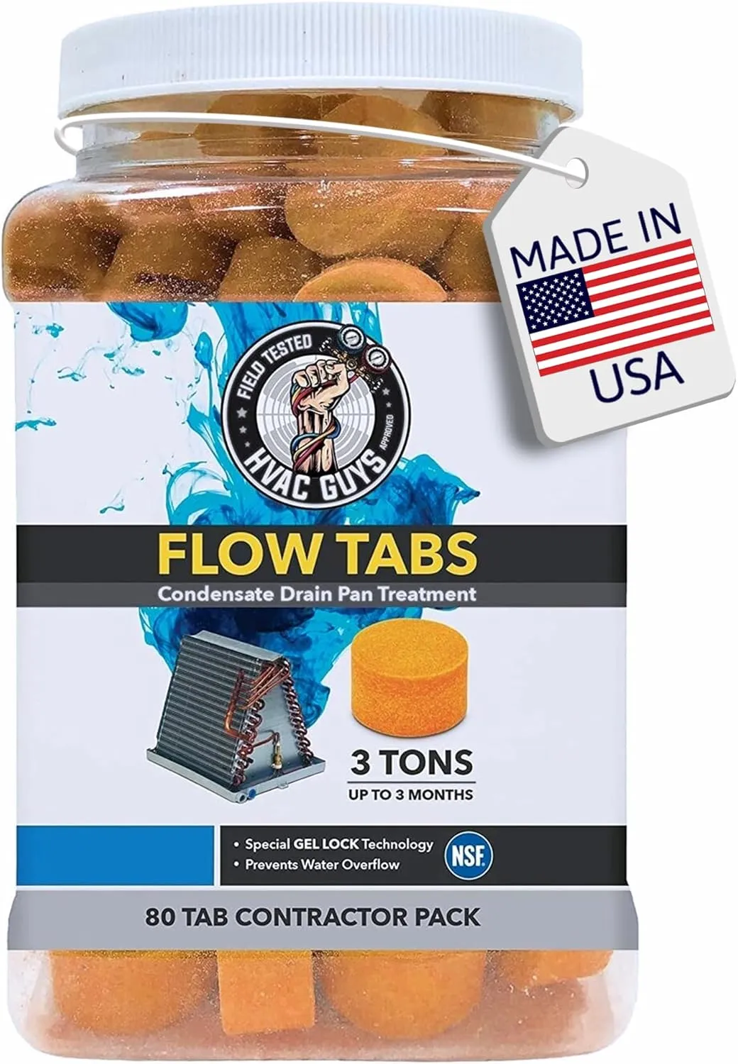 HVAC Guys Flow Tabs with Gel Lock Technology - 80 Pack - Keep Drain Pans Clean, Prevent Overflow, 3 Ton Tab Lasts up to 3 Months - 1 Tab is Equal to 18 Regular Tablets (1,440 Total) - Made in The USA