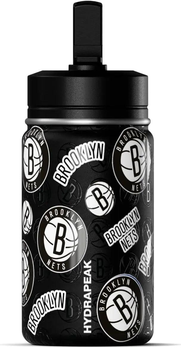Hydrapeak x NBA Officially Licensed Brooklyn Nets 14oz Mini Kids Water Bottle with Straw Lid and Handle Reusable Stainless Steel Double Wall Insulated Spill Proof Sports Gift for Boys Girls