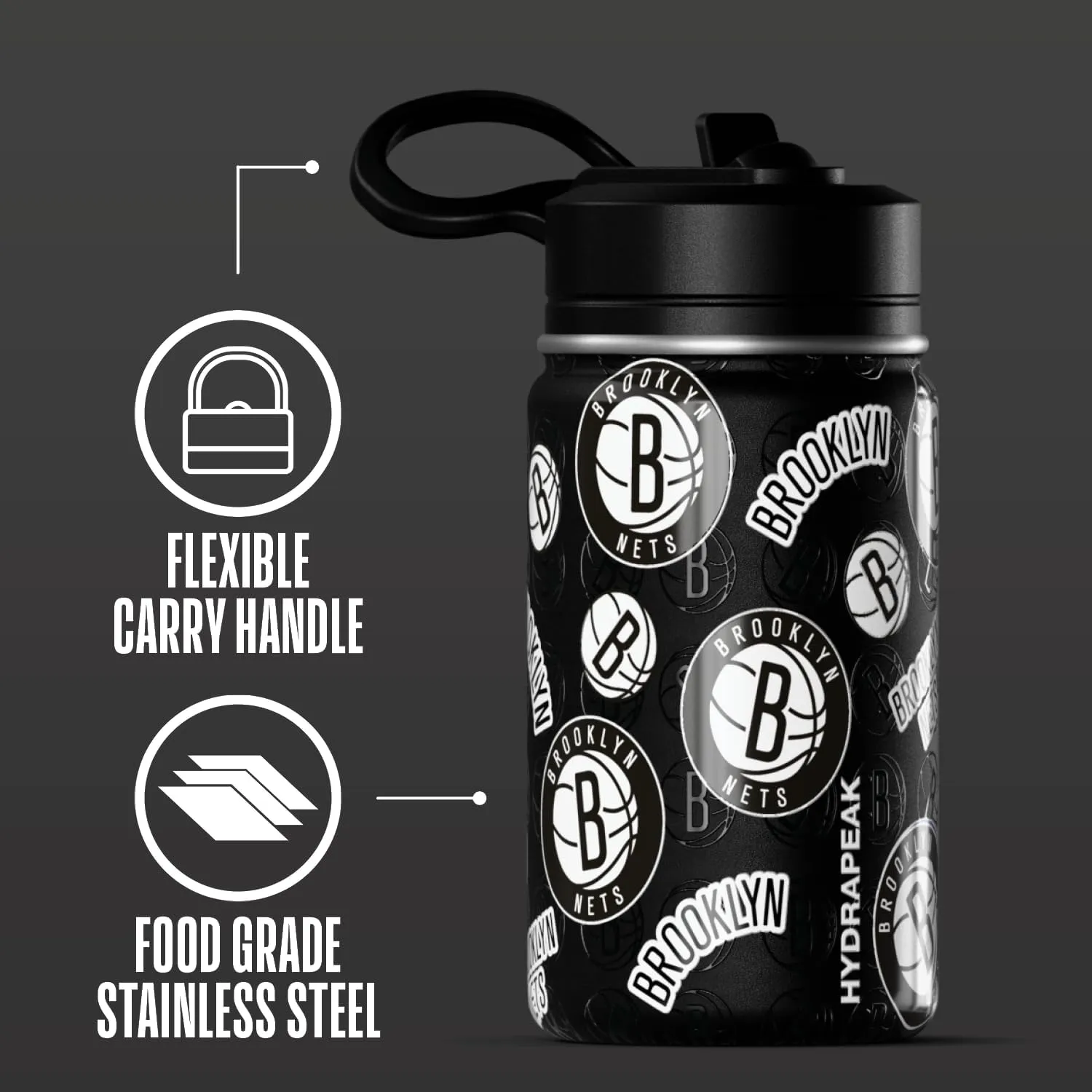 Hydrapeak x NBA Officially Licensed Brooklyn Nets 14oz Mini Kids Water Bottle with Straw Lid and Handle Reusable Stainless Steel Double Wall Insulated Spill Proof Sports Gift for Boys Girls
