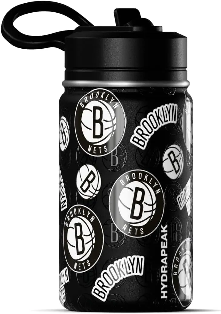 Hydrapeak x NBA Officially Licensed Brooklyn Nets 14oz Mini Kids Water Bottle with Straw Lid and Handle Reusable Stainless Steel Double Wall Insulated Spill Proof Sports Gift for Boys Girls