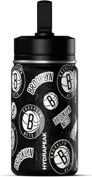 Hydrapeak x NBA Officially Licensed Brooklyn Nets 14oz Mini Kids Water Bottle with Straw Lid and Handle Reusable Stainless Steel Double Wall Insulated Spill Proof Sports Gift for Boys Girls