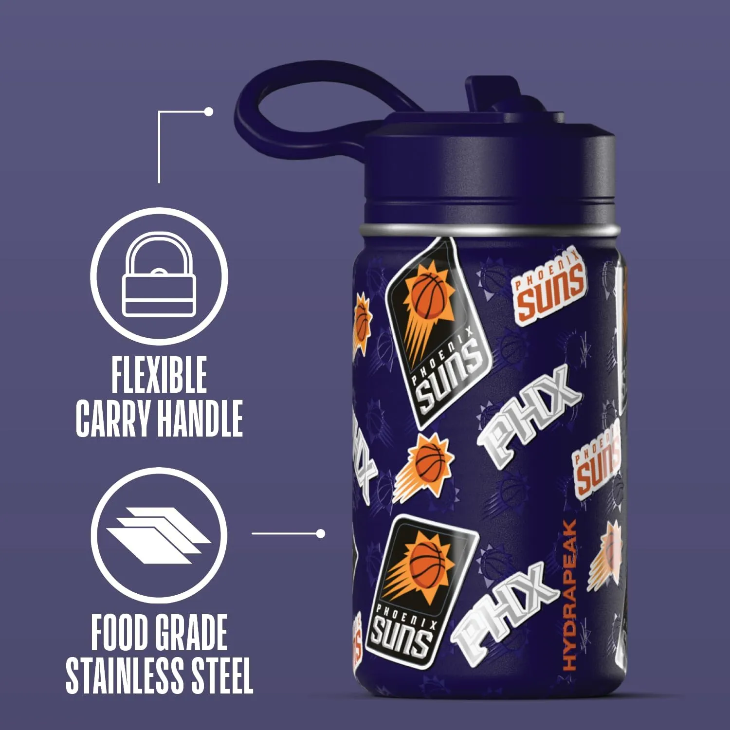 Hydrapeak x NBA Officially Licensed Phoenix Suns 14oz Mini Kids Water Bottle with Straw Lid and Handle Reusable Stainless Steel Double Wall Insulated Spill Proof Sports Gift for Boys Girls