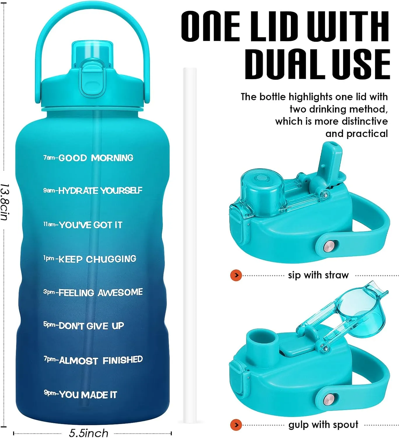 HydroPal 1 Gallon Water Bottles with Straw, 128 oz / 3.8L Water Bottle BPA Free Innovative 2-IN-1 Lid Gym Bottle with Times to Drink Motivational, Large for Sports Fitness Camping Water Jug One Gallon