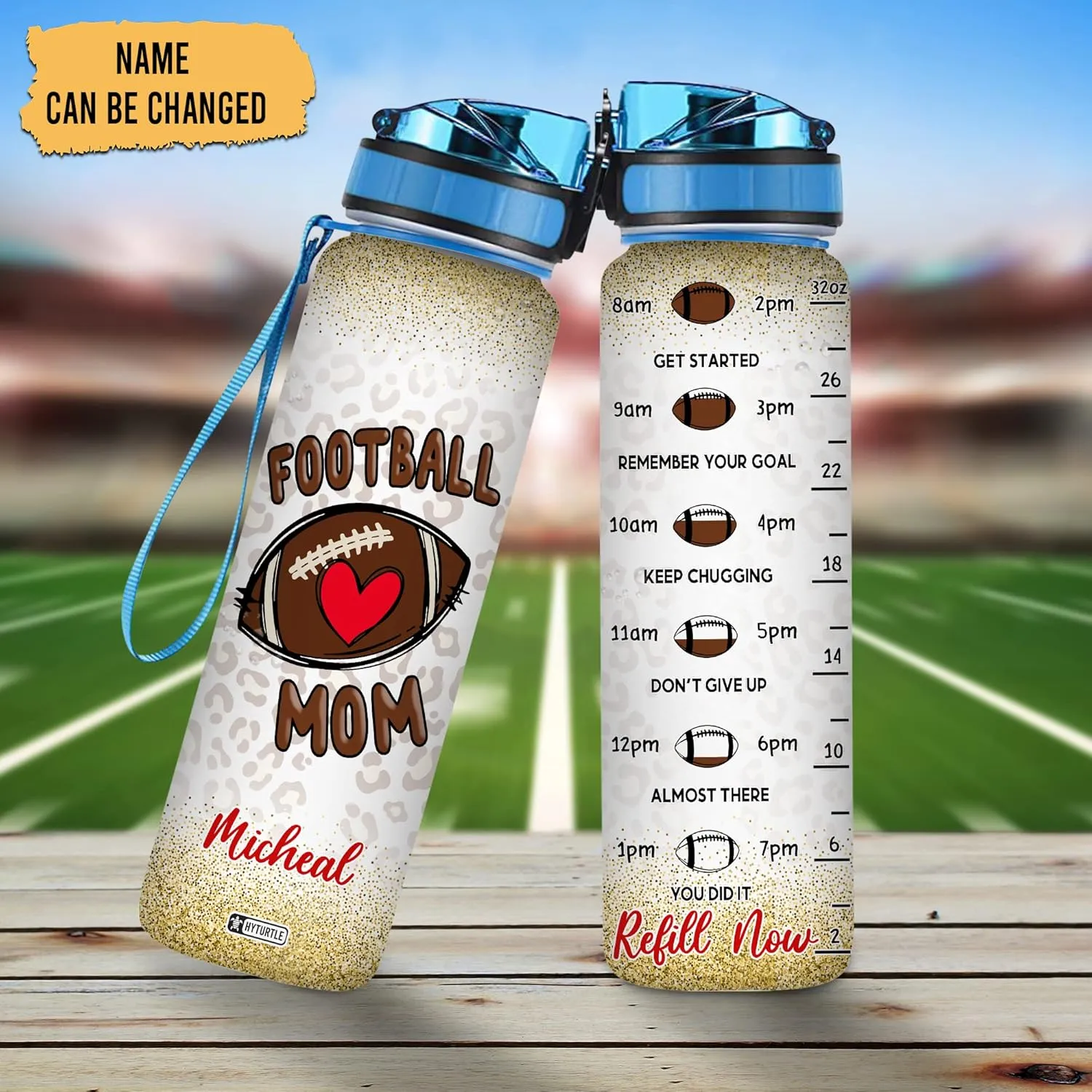 Hyturtle Personalized Football 32 Oz Motivational Water Bottle, Football Mom Custom Name Water Bottle Gifts For Women Men Boys Sport Lovers On Birthday Mother's Day Father's Day