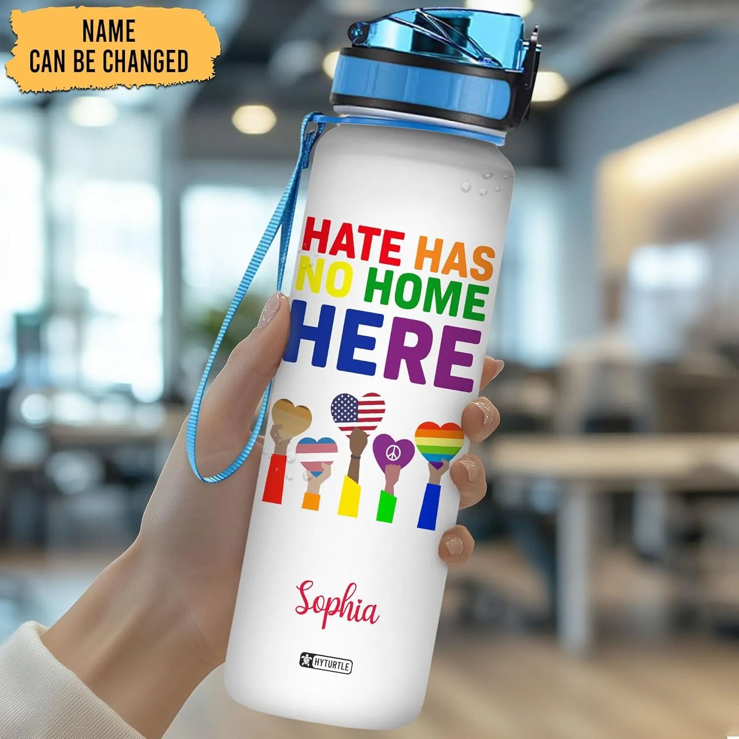 Hyturtle Personalized Hate Has No Home Here LGBT 32Oz Liter Motivational Water Bottle, Customized Name With Time Marker Gifts For Women Men LGBT Lovers On Birthday Pride Day