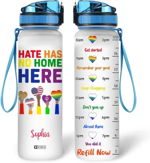 Hyturtle Personalized Hate Has No Home Here LGBT 32Oz Liter Motivational Water Bottle, Customized Name With Time Marker Gifts For Women Men LGBT Lovers On Birthday Pride Day