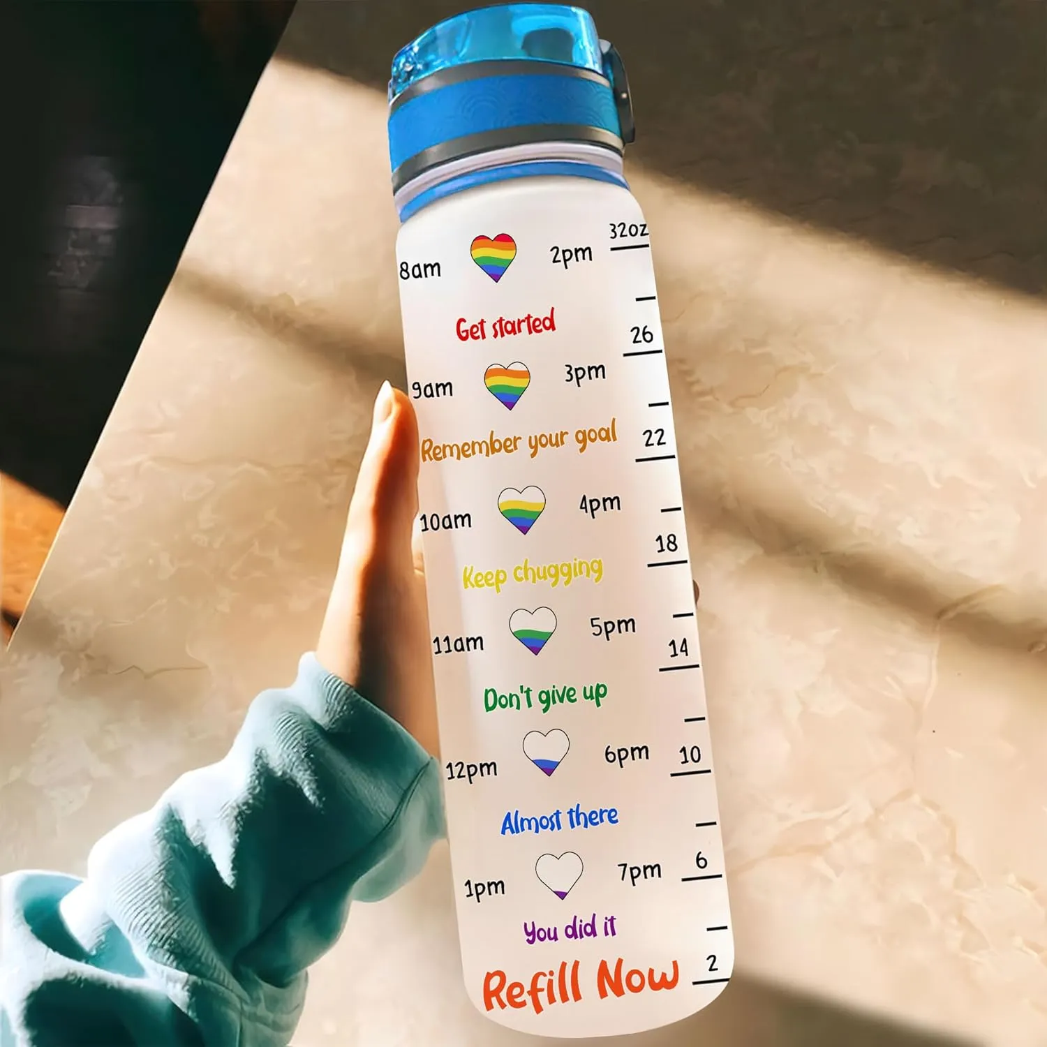 Hyturtle Personalized Hate Has No Home Here LGBT 32Oz Liter Motivational Water Bottle, Customized Name With Time Marker Gifts For Women Men LGBT Lovers On Birthday Pride Day