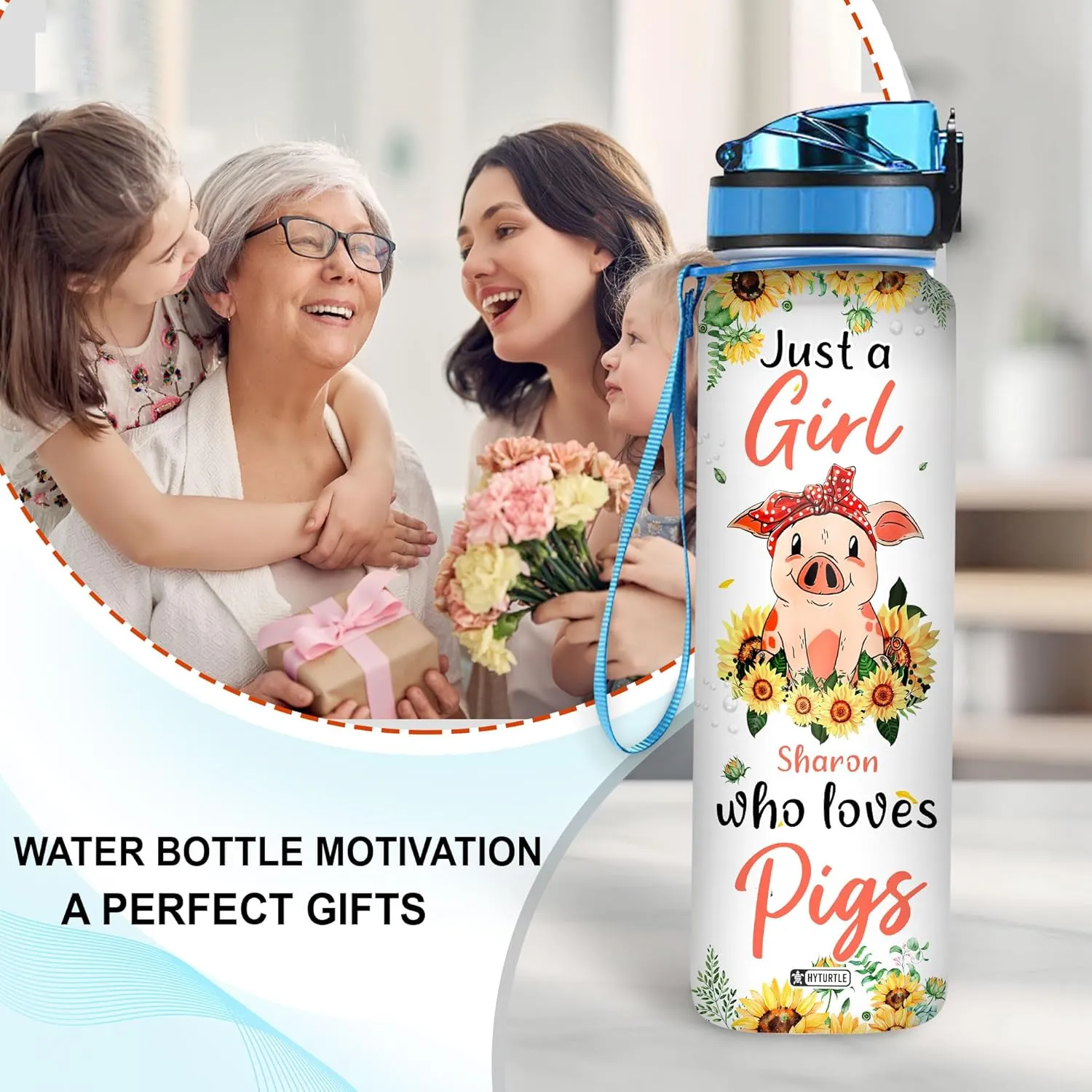 Hyturtle Personalized Just A Girl Who Loves Pigs Sunflower 32Oz Liter Motivational Water Bottle, Customized Name With Time Marker, Gift For Women Girl Friend Family Pig Lover On Birthday Mother's Day