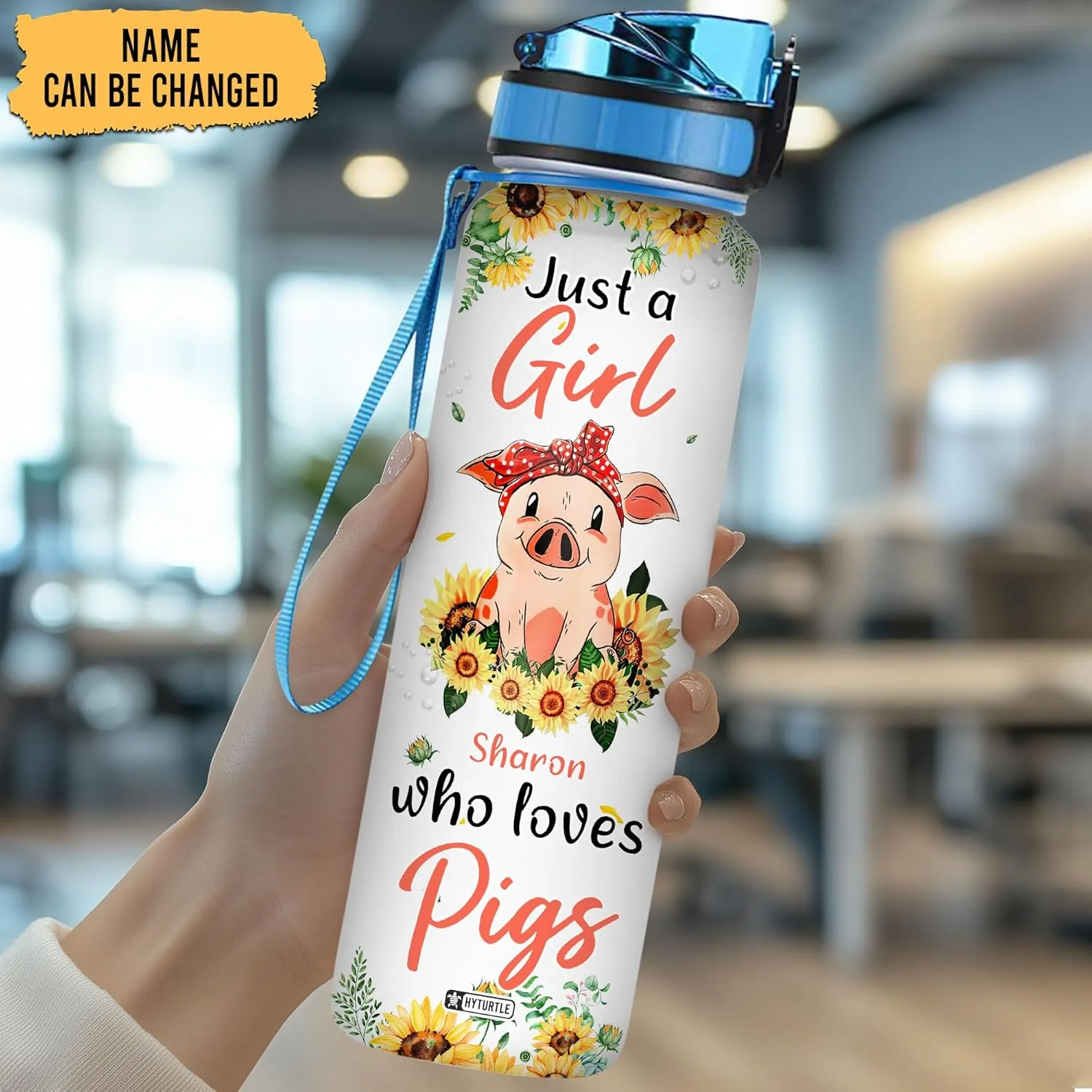 Hyturtle Personalized Just A Girl Who Loves Pigs Sunflower 32Oz Liter Motivational Water Bottle, Customized Name With Time Marker, Gift For Women Girl Friend Family Pig Lover On Birthday Mother's Day