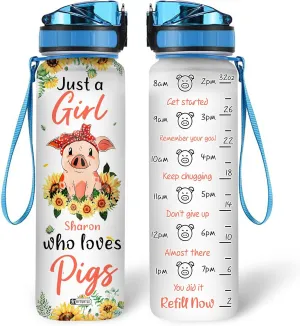 Hyturtle Personalized Just A Girl Who Loves Pigs Sunflower 32Oz Liter Motivational Water Bottle, Customized Name With Time Marker, Gift For Women Girl Friend Family Pig Lover On Birthday Mother's Day