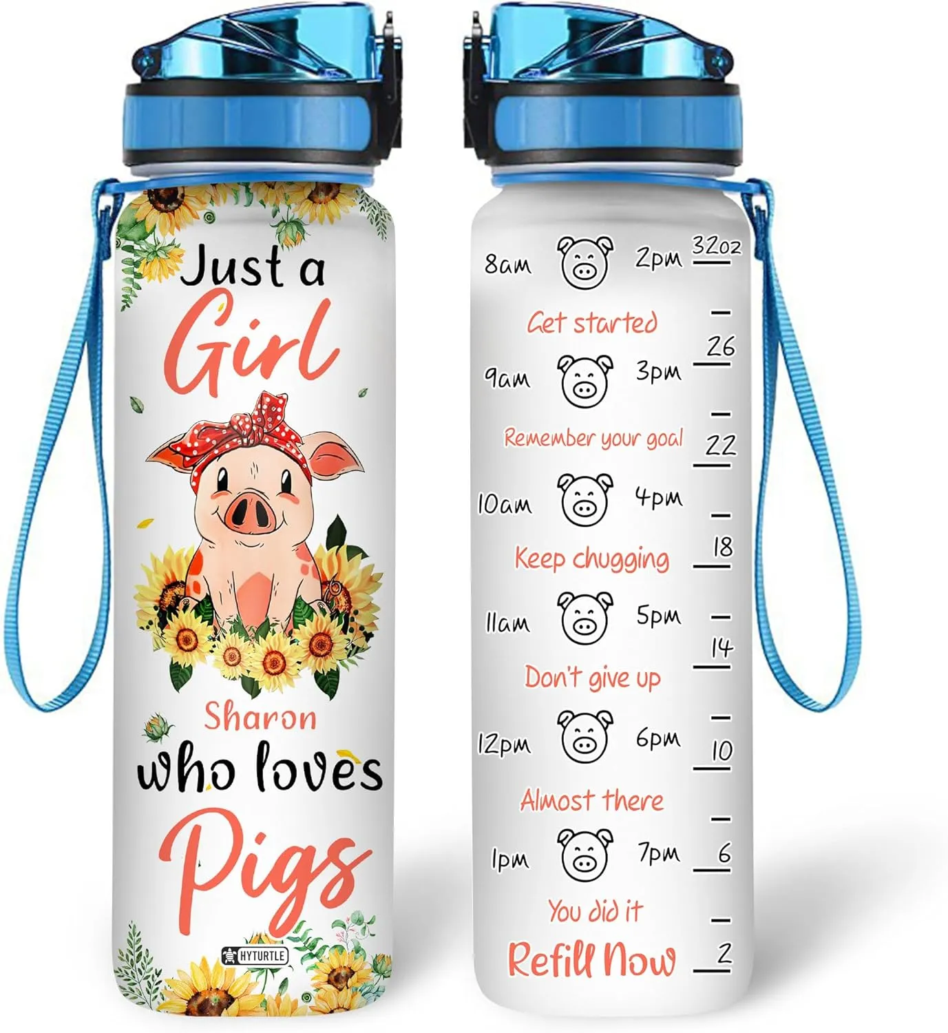 Hyturtle Personalized Just A Girl Who Loves Pigs Sunflower 32Oz Liter Motivational Water Bottle, Customized Name With Time Marker, Gift For Women Girl Friend Family Pig Lover On Birthday Mother's Day