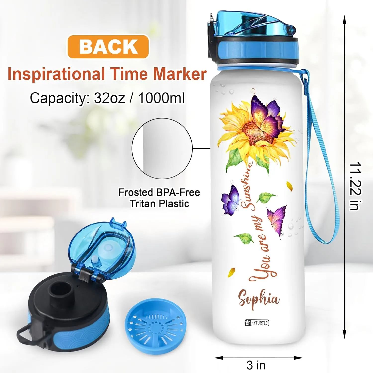 Hyturtle Personalized Sunflower Water Bottle - 32oz Motivational Water Bottle with Leak-Proof Lid & Time Marker - Custom Name Sunflower Gifts for Women, Girls & Sunflower Lovers On Birthday Christmas