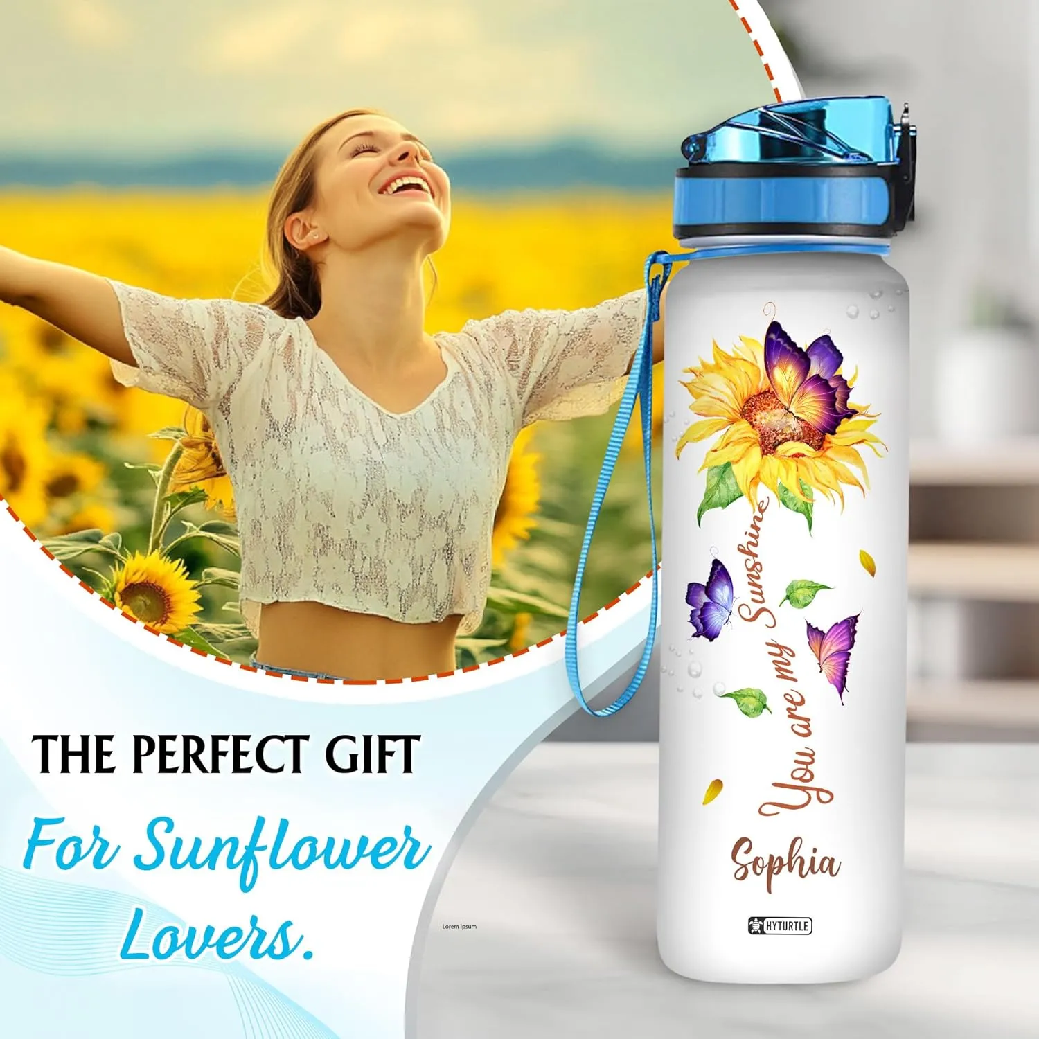 Hyturtle Personalized Sunflower Water Bottle - 32oz Motivational Water Bottle with Leak-Proof Lid & Time Marker - Custom Name Sunflower Gifts for Women, Girls & Sunflower Lovers On Birthday Christmas