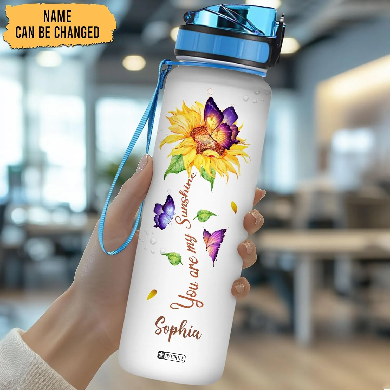 Hyturtle Personalized Sunflower Water Bottle - 32oz Motivational Water Bottle with Leak-Proof Lid & Time Marker - Custom Name Sunflower Gifts for Women, Girls & Sunflower Lovers On Birthday Christmas