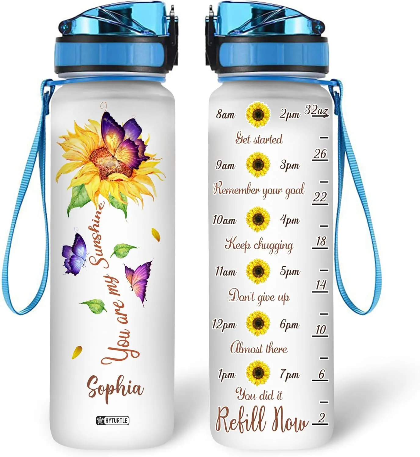 Hyturtle Personalized Sunflower Water Bottle - 32oz Motivational Water Bottle with Leak-Proof Lid & Time Marker - Custom Name Sunflower Gifts for Women, Girls & Sunflower Lovers On Birthday Christmas
