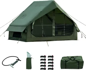 Inflatable Camping Tent with Hand Pump Waterproof Outdoor Blow up Tent 3-8 Person Oxford 4 Season Glamping Air Tent Cabin House with Mesh Windows & Door