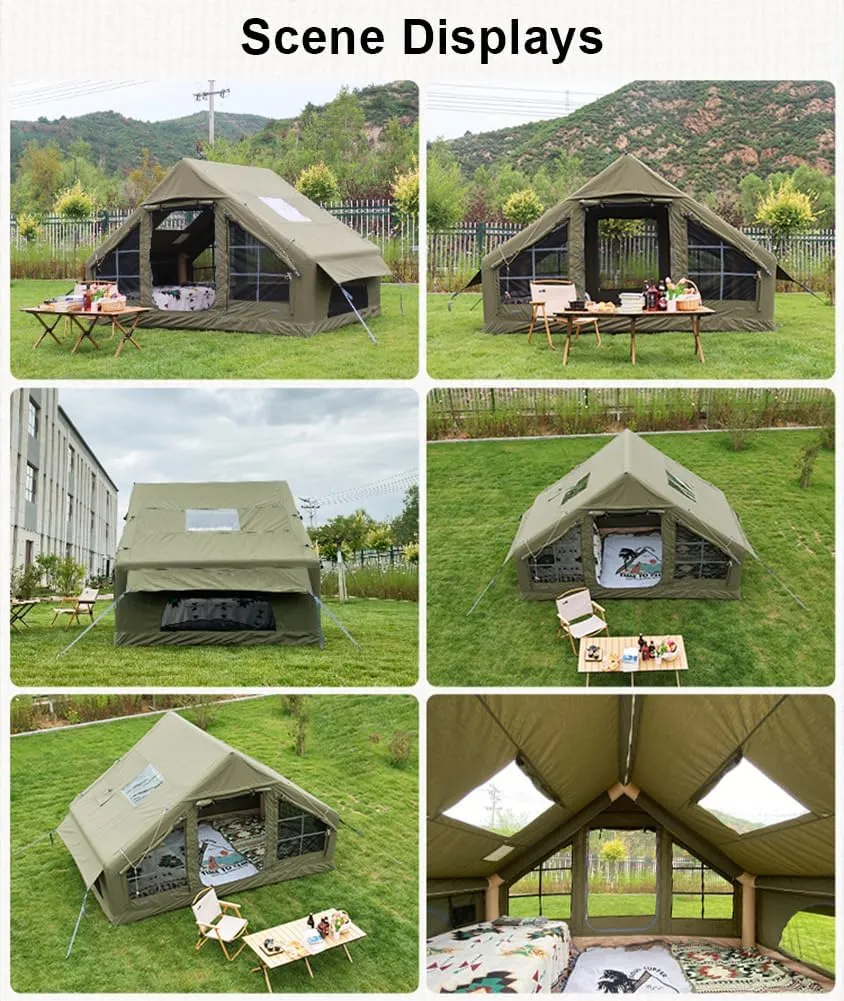 Inflatable Tents with Pump,2-4 Person Blow Up Tent with Stove Jack Hole,4 Season Large Pop-Up Tents,Easy Setup