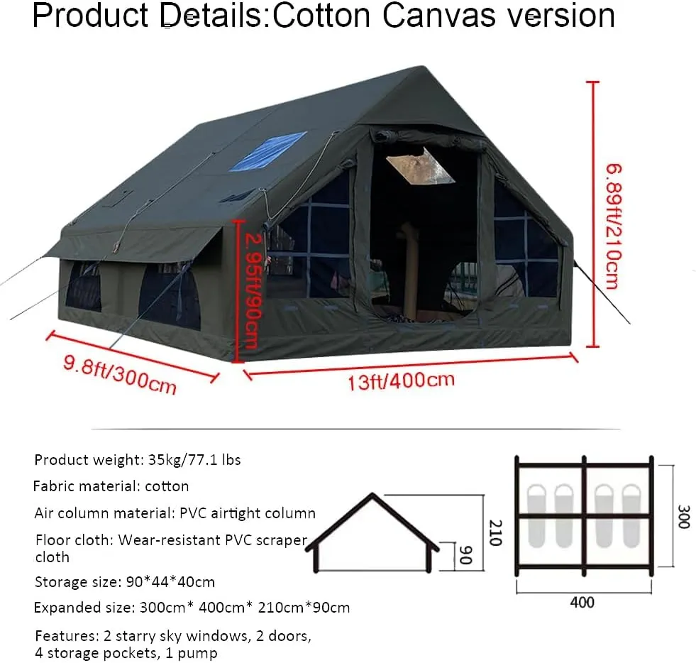 Inflatable Tents with Pump,2-4 Person Blow Up Tent with Stove Jack Hole,4 Season Large Pop-Up Tents,Easy Setup