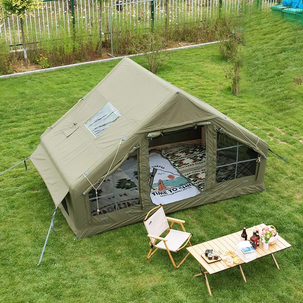 Inflatable Tents with Pump,2-4 Person Blow Up Tent with Stove Jack Hole,4 Season Large Pop-Up Tents,Easy Setup