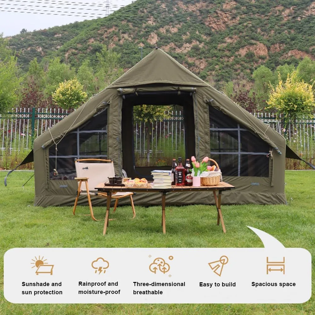 Inflatable Tents with Pump,2-4 Person Blow Up Tent with Stove Jack Hole,4 Season Large Pop-Up Tents,Easy Setup
