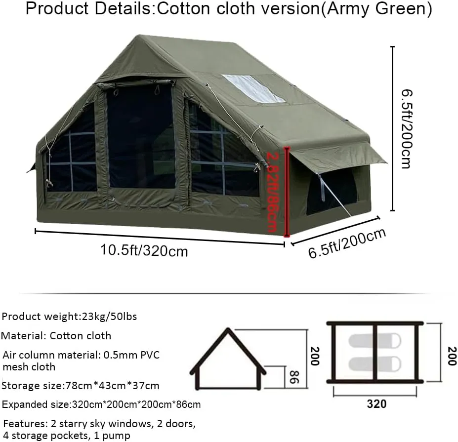 Inflatable Tents with Pump,2-4 Person Blow Up Tent with Stove Jack Hole,4 Season Large Pop-Up Tents,Easy Setup