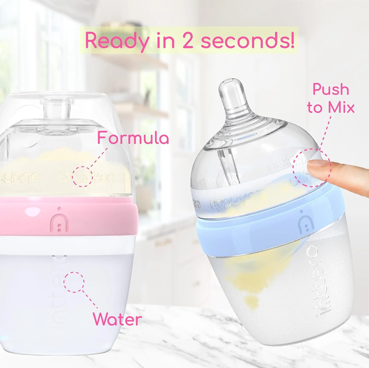 Inttero 9oz Formula Dispenser Anti-Colic Baby Bottles - 2 Pack/Medium Flow (Cute Pink) — Everyday Baby Essential — Formula Bottle — Biberones para Formula — PopYummy Mixie — Easy Baby Brezz