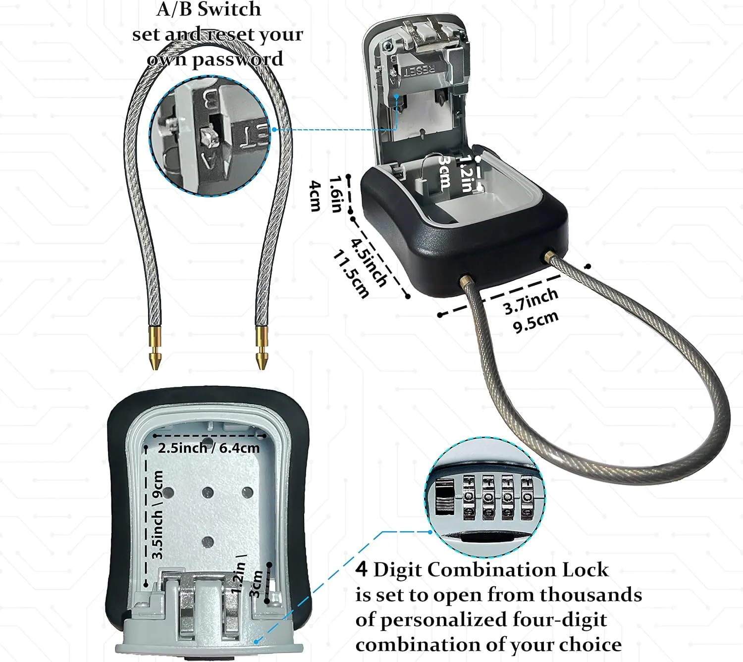 Iron Lock® - Key Lock Box Portable and Wall Mounted with Removable Cable Shackle Indoor Outdoor Waterproof 4 Digit Combination with Resettable Code with A B Switch Key Lockbox for Outside Hold 5 Keys