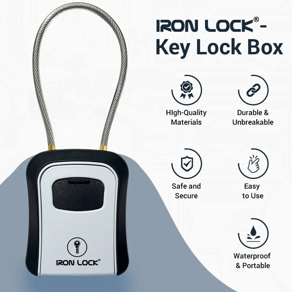 Iron Lock® - Key Lock Box Portable and Wall Mounted with Removable Cable Shackle Indoor Outdoor Waterproof 4 Digit Combination with Resettable Code with A B Switch Key Lockbox for Outside Hold 5 Keys