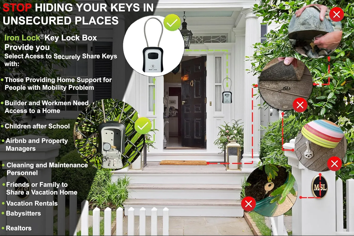 Iron Lock® - Key Lock Box Portable and Wall Mounted with Removable Cable Shackle Indoor Outdoor Waterproof 4 Digit Combination with Resettable Code with A B Switch Key Lockbox for Outside Hold 5 Keys