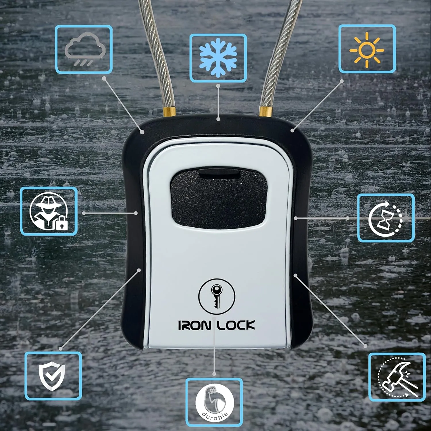 Iron Lock® - Key Lock Box Portable and Wall Mounted with Removable Cable Shackle Indoor Outdoor Waterproof 4 Digit Combination with Resettable Code with A B Switch Key Lockbox for Outside Hold 5 Keys