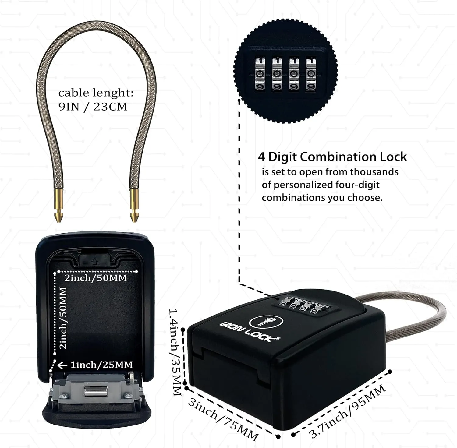 Iron Lock® - Key Lock Box Portable with Removable Cable Shackle Indoor Outdoor Waterproof 4 Digit Combination with Resettable Code with A B Switch Key Lockbox for Outside Hold Spare Keys for Realtors