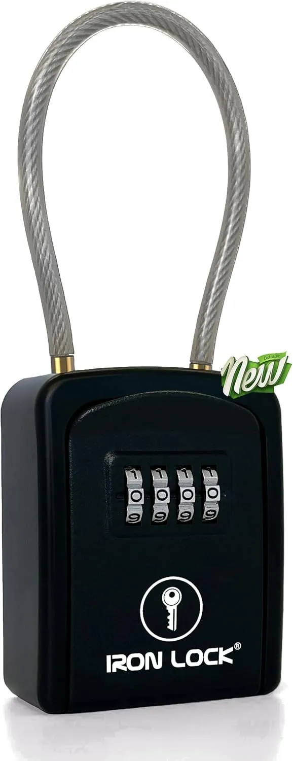 Iron Lock® - Key Lock Box Portable with Removable Cable Shackle Indoor Outdoor Waterproof 4 Digit Combination with Resettable Code with A B Switch Key Lockbox for Outside Hold Spare Keys for Realtors