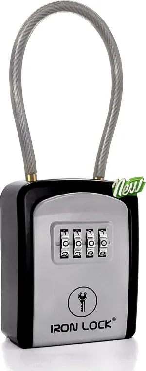 Iron Lock® - Key Lock Box Portable with Removable Cable Shackle Indoor Outdoor Waterproof 4 Digit Combination with Resettable Code with A B Switch Key Lockbox for Outside Hold Spare Keys for Realtors