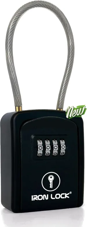 Iron Lock® - Key Lock Box Portable with Removable Cable Shackle Indoor Outdoor Waterproof 4 Digit Combination with Resettable Code with A B Switch Key Lockbox for Outside Hold Spare Keys for Realtors