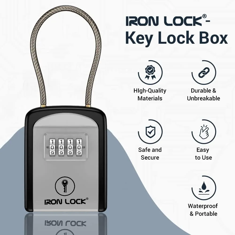 Iron Lock® - Key Lock Box Portable with Removable Cable Shackle Indoor Outdoor Waterproof 4 Digit Combination with Resettable Code with A B Switch Key Lockbox for Outside Hold Spare Keys for Realtors