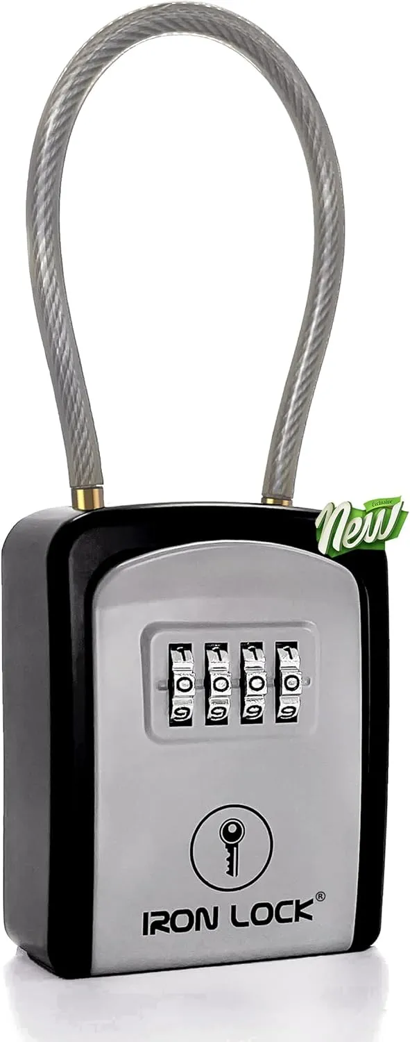 Iron Lock® - Key Lock Box Portable with Removable Cable Shackle Indoor Outdoor Waterproof 4 Digit Combination with Resettable Code with A B Switch Key Lockbox for Outside Hold Spare Keys for Realtors